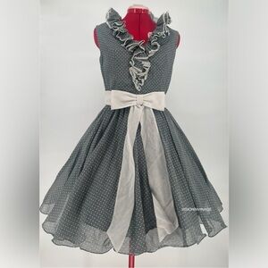 Miss Elliette 80s Does 50s Gray White Vintage Polkadot Fit & Flare Ruffle Dress